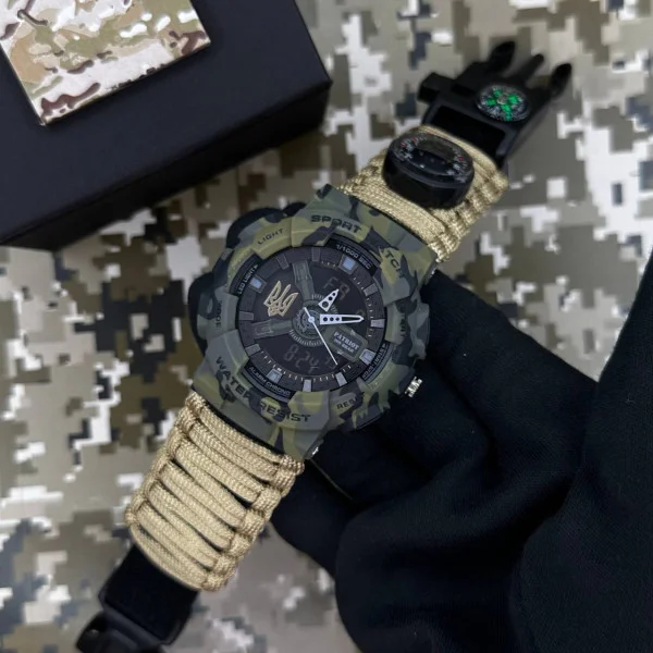 Часы наручные Patriot 005 Трезубец золото Camo Green Паракордовый ремешок Khaki + Коробка. фото 3