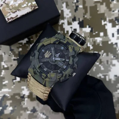 Patriot 005 Тризуб золото Camo Green Паракордовий ремінець Khaki + Коробка.