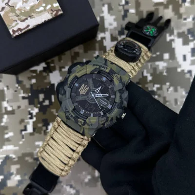Годинник наручний Patriot 005 Тризуб золото Camo Green Паракордовий ремінець Khaki + Коробка.