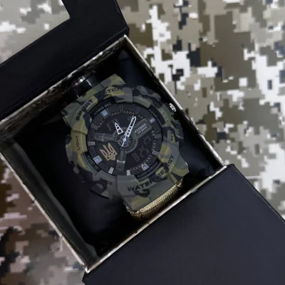 Годинник наручний Patriot 005 Тризуб золото Camo Green Паракордовий ремінець Khaki + Коробка.