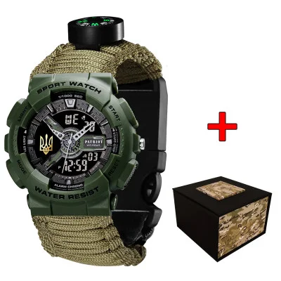 Часы наручные Patriot 005 Трезубец золото Army Green Паракордовый ремешок Army Green + Коробка.