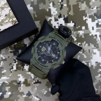 Часы наручные Patriot 005 Трезубец золото Army Green Паракордовый ремешок Army Green + Коробка.