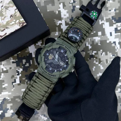 Часы наручные Patriot 005 Трезубец золото Army Green Паракордовый ремешок Army Green + Коробка.