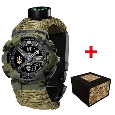 Часы наручные Patriot 005 Трезубец золото Camo Green Паракордовый ремешок Army Green + Коробка.