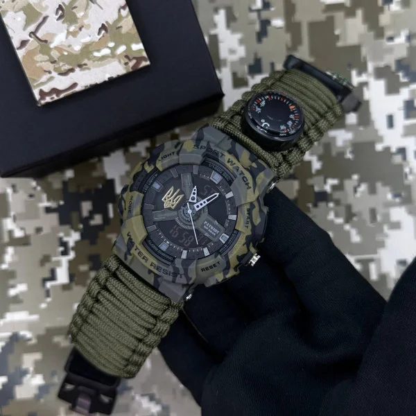 Часы наручные Patriot 005 Трезубец золото Camo Green Паракордовый ремешок Army Green + Коробка. фото 3