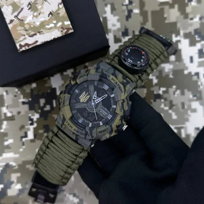 Годинник наручний Patriot 005 Тризуб золото Camo Green Паракордовий ремінець Army Green + Коробка.