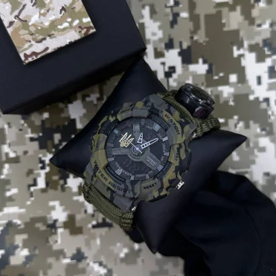 Часы наручные Patriot 005 Трезубец золото Camo Green Паракордовый ремешок Army Green + Коробка.