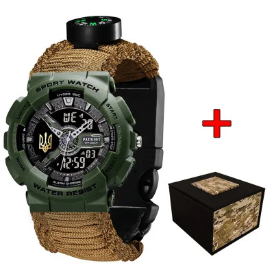 Часы наручные Patriot 005 Трезубец золото Army Green Паракордовый ремешок Khaki + Коробка.