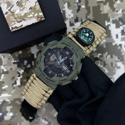 Часы наручные Patriot 005 Трезубец золото Army Green Паракордовый ремешок Khaki + Коробка.