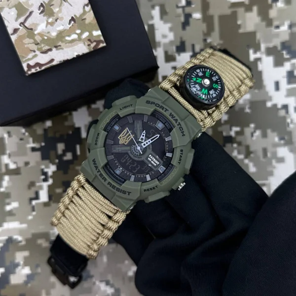 Годинник наручний Patriot 005 Тризуб золото Army Green Паракордовий ремінець Khaki + Коробка. фото 3