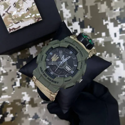 Часы наручные Patriot 005 Трезубец золото Army Green Паракордовый ремешок Khaki + Коробка.