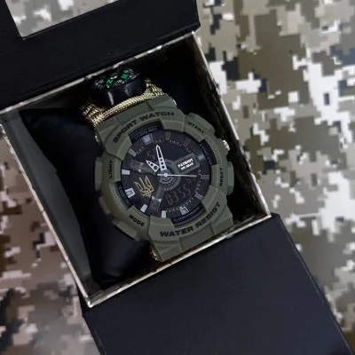 Часы наручные Patriot 005 Трезубец золото Army Green Паракордовый ремешок Khaki + Коробка.