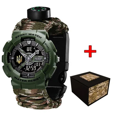 Часы наручные Patriot 005 Трезубец золото Army Green Паракордовый ремешок Camo Green + Коробка.