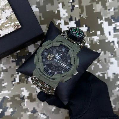 Часы наручные Patriot 005 Трезубец золото Army Green Паракордовый ремешок Camo Green + Коробка.
