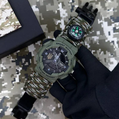 Часы наручные Patriot 005 Трезубец золото Army Green Паракордовый ремешок Camo Green + Коробка.