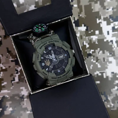 Часы наручные Patriot 005 Трезубец золото Army Green Паракордовый ремешок Camo Green + Коробка.